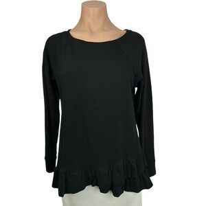 Loft Pullover Black Top Long Sleeve Size S 100% Cotton Ruffles at the Hem